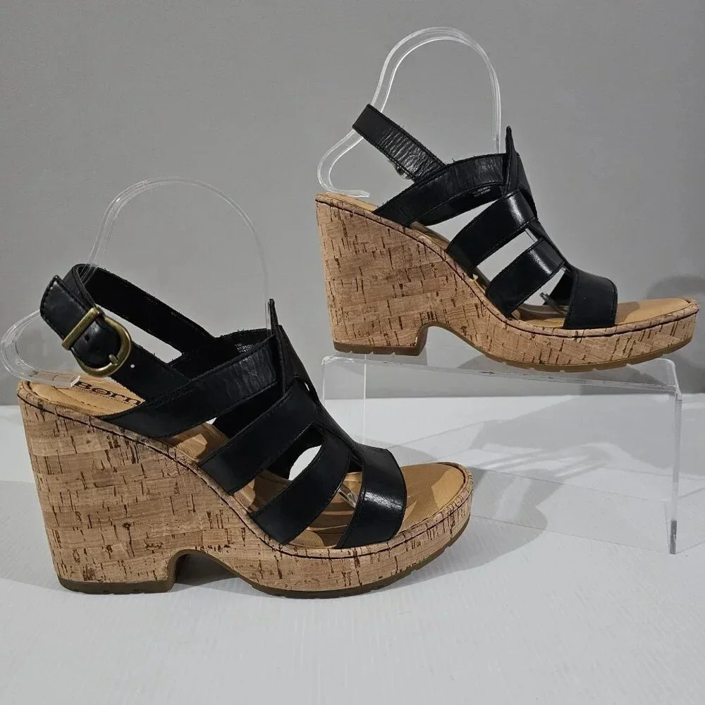 Born Bernese Cage Cork Wedge Sandal Womens 10 Black Leather Summer Platform - Picture 3 of 13